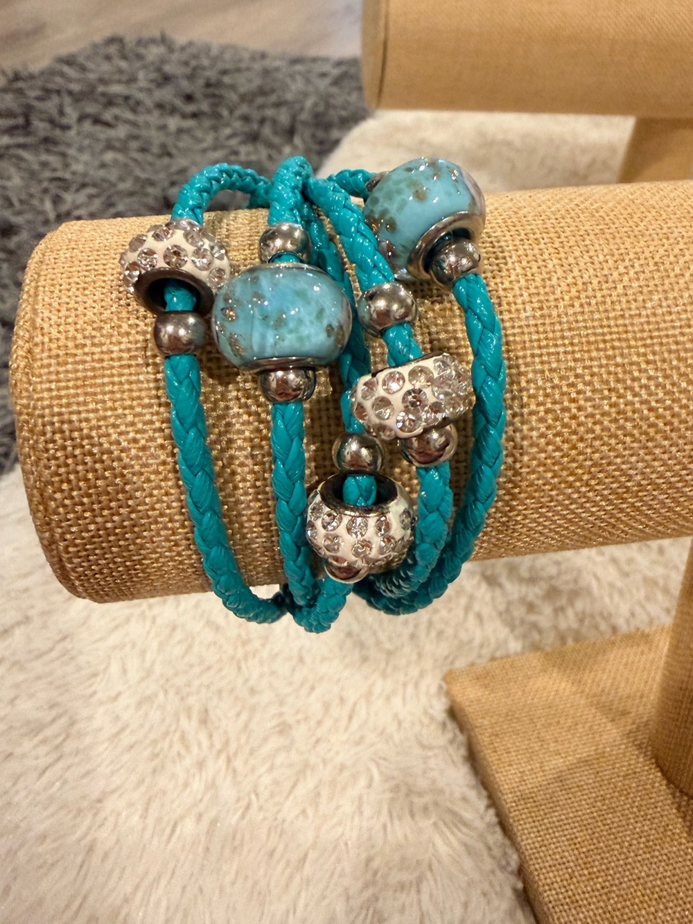 Turquoise Beaded Wrap Bracelet with Rhinestone Accents
